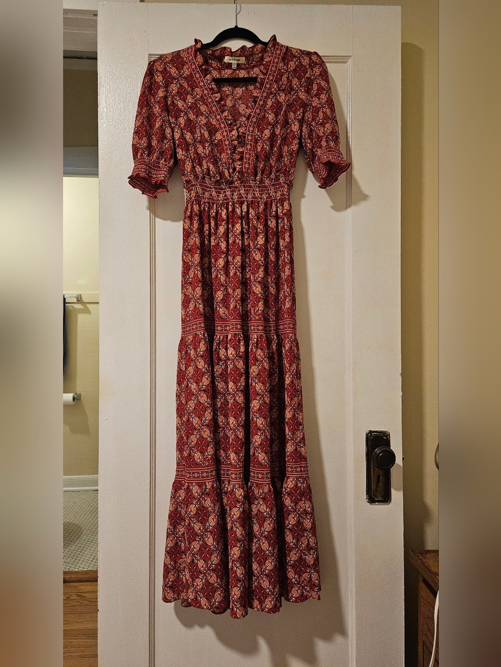 Max Studio Red Patterned Smocked Maxi Dress